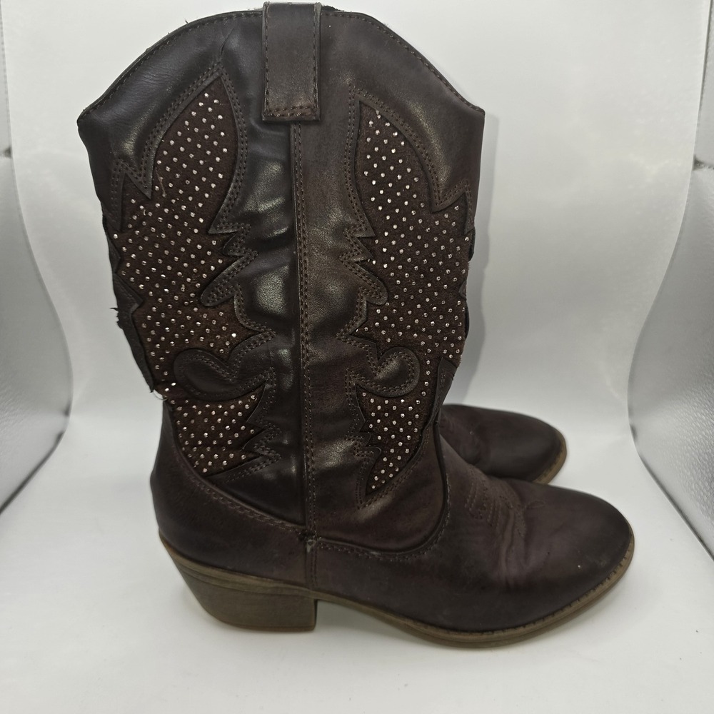 Justice Girls Brown Western Cowboy Boots Size 3 Studded Side Zip Kids